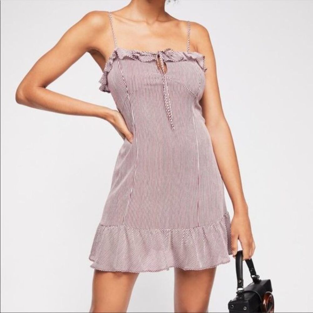 Free People Le Fleur Ruffle Slip Dress Burgundy Red & White Stripe Small